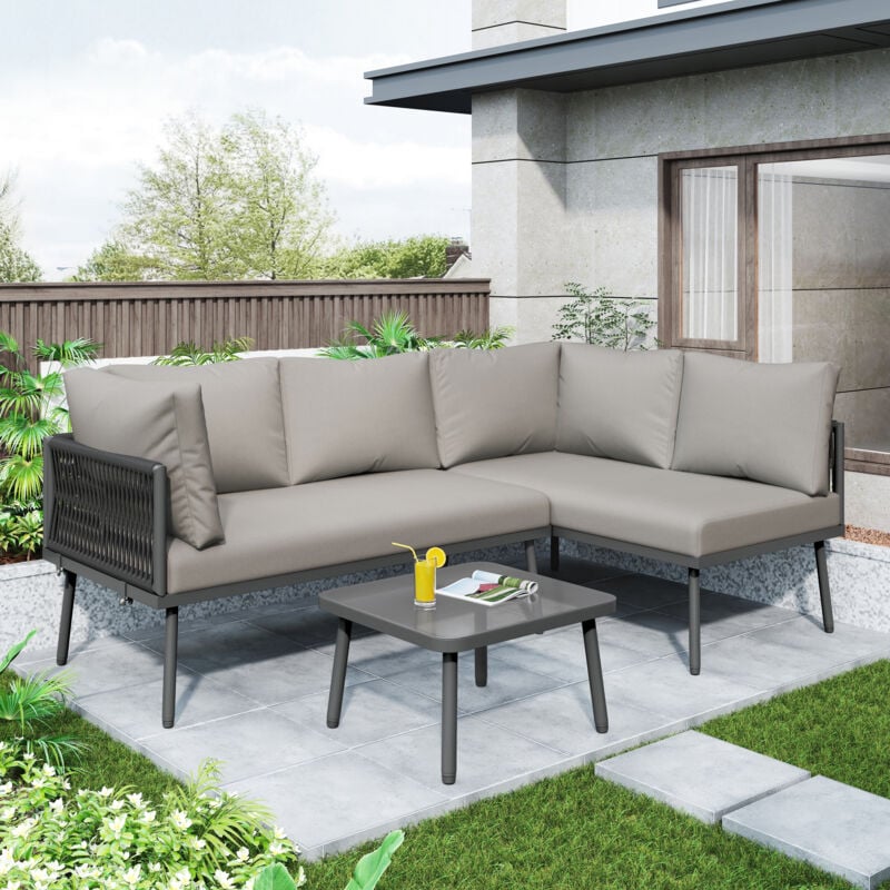 foto del prodotto modfu set tavolo e sedie da giardino 2 divani 1 tavolo a l, con cuscini, piedini regolabili, adatto per giardino terrazzo, metallo, grigio