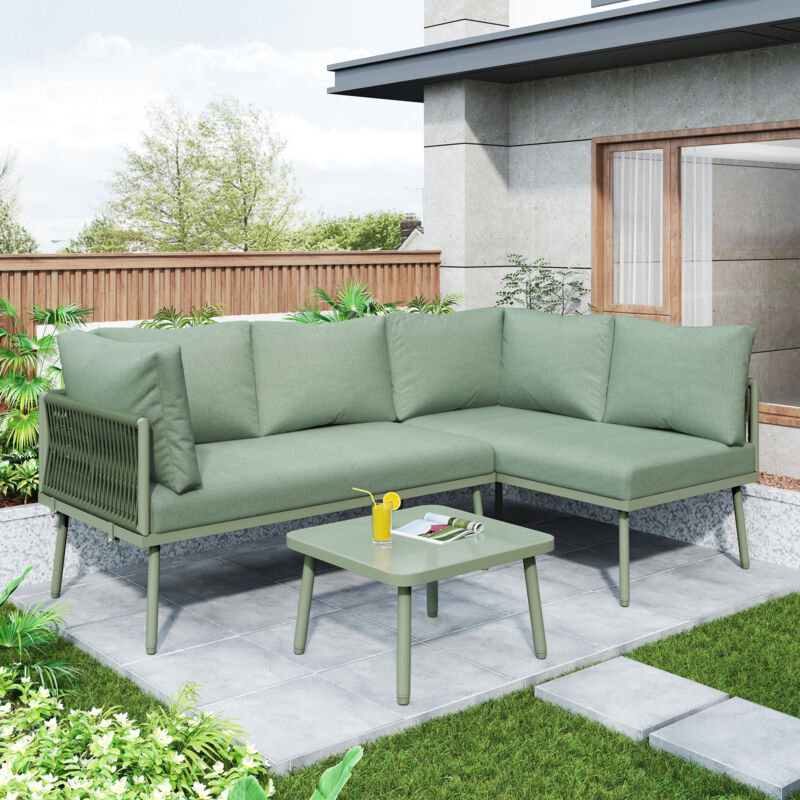 foto del prodotto modfu set tavolo e sedie da giardino 2 divani 1 tavolo a l, con cuscini, piedini regolabili, adatto per giardino terrazzo, metallo, verde