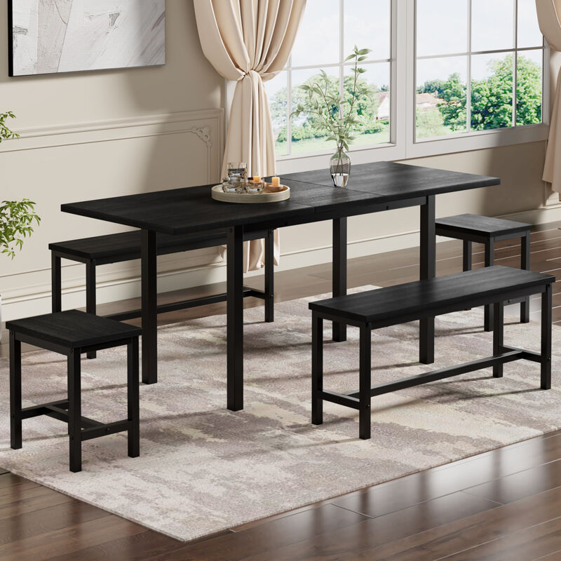 foto del prodotto modfu set tavolo e sedie da pranzo 160 120x80x75cm tavoli allungabili con 4 sedie, mdf e metallo, nero
