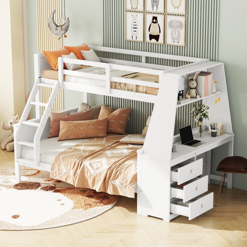 foto del prodotto modfu struttura letto a castello 140x200cm 90x200cm con 3 cassetti, letti per bambini con scrivania e ripiani, legno, senza materasso, bianco
