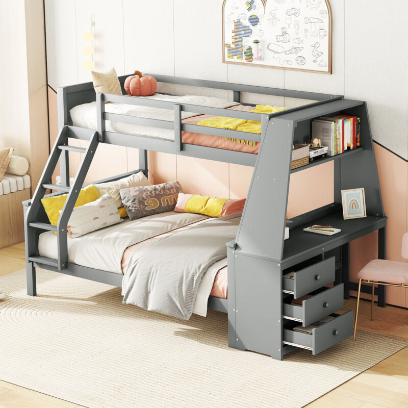 foto del prodotto modfu struttura letto a castello 140x200cm 90x200cm con 3 cassetti, letti per bambini con scrivania e ripiani, legno, senza materasso, grigio