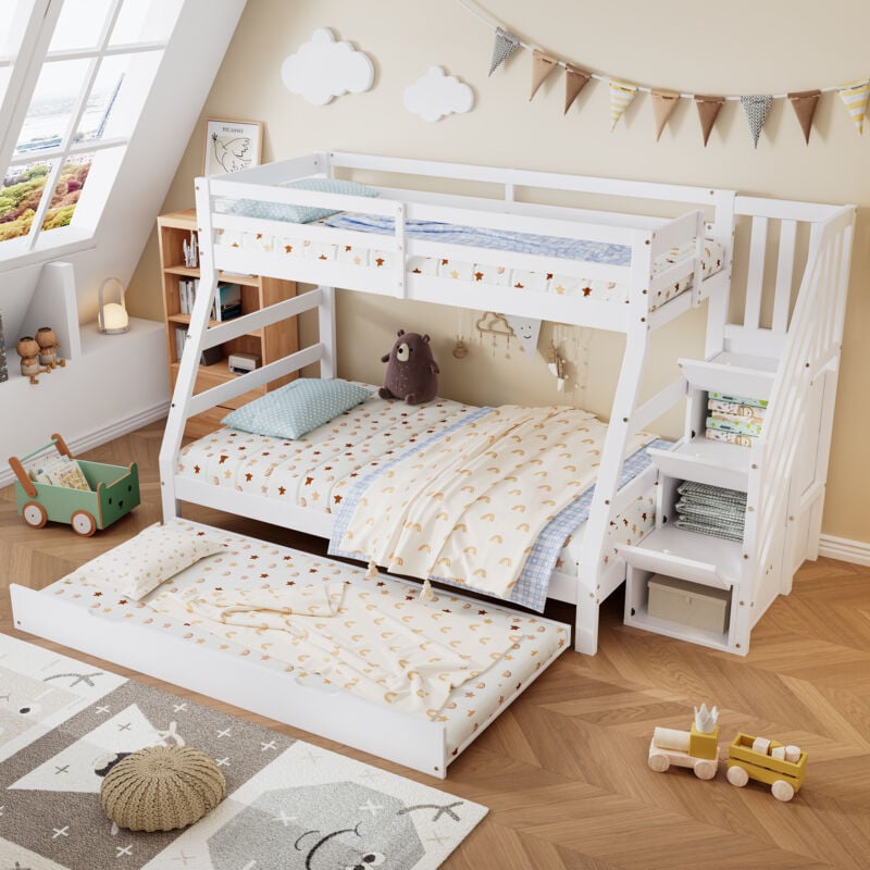 foto del prodotto modfu struttura letto a castello 90 120x200cm con letto estraibile 90x190cm, scala con contenitore, pino mdf, senza materasso, bianco