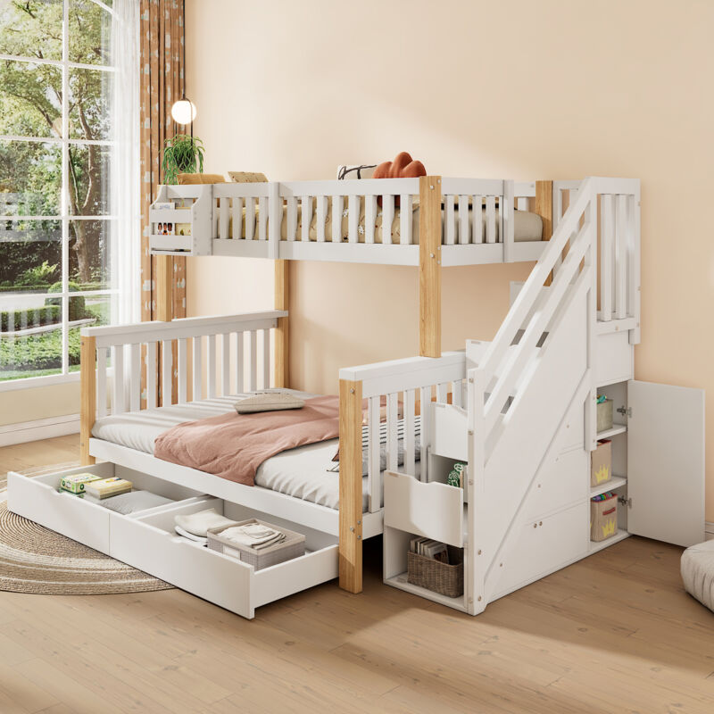 foto del prodotto modfu struttura letto a castello 90 140x200cm letti matrimoniale per bambini con 2 cassetti, scaletta con vano contenitore, legno, senza materasso,