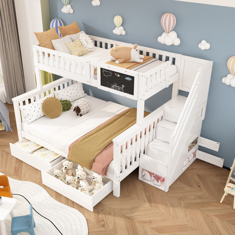 foto del prodotto modfu struttura letto a castello 90x200 140x200 cm letti matrimoniale per bambini, 2 cassetti, scaletta con vano contenitore, legno, mdf, bianco