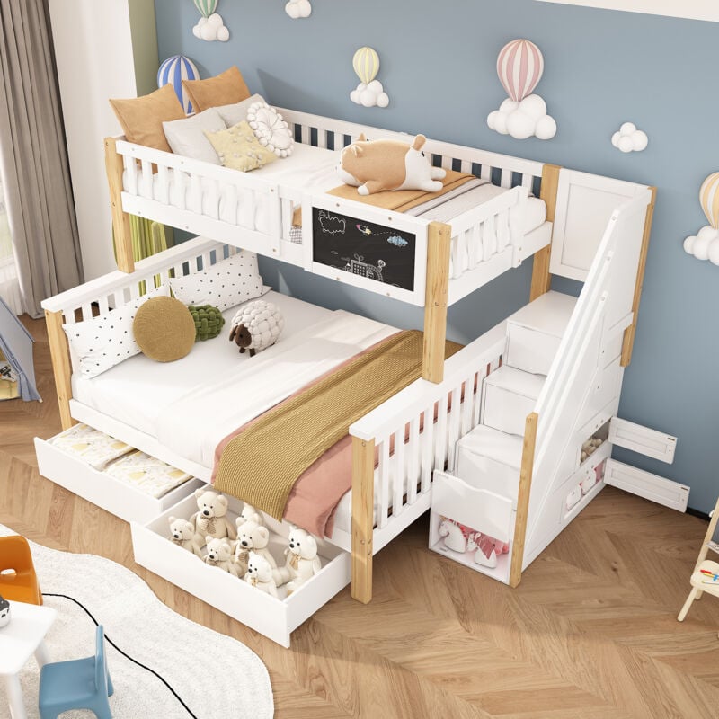 foto del prodotto modfu struttura letto a castello 90x200 140x200 cm letti matrimoniale per bambini, 2 cassetti, scaletta con vano contenitore, legno, mdf, naturale