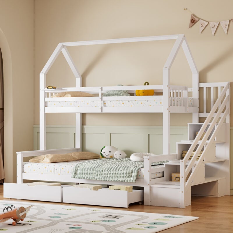 foto del prodotto modfu struttura letto a castello 90x200cm 140x200cm letti matrimoniale per bambini, 2 cassetti, scaletta con vano contenitore, legno, senza