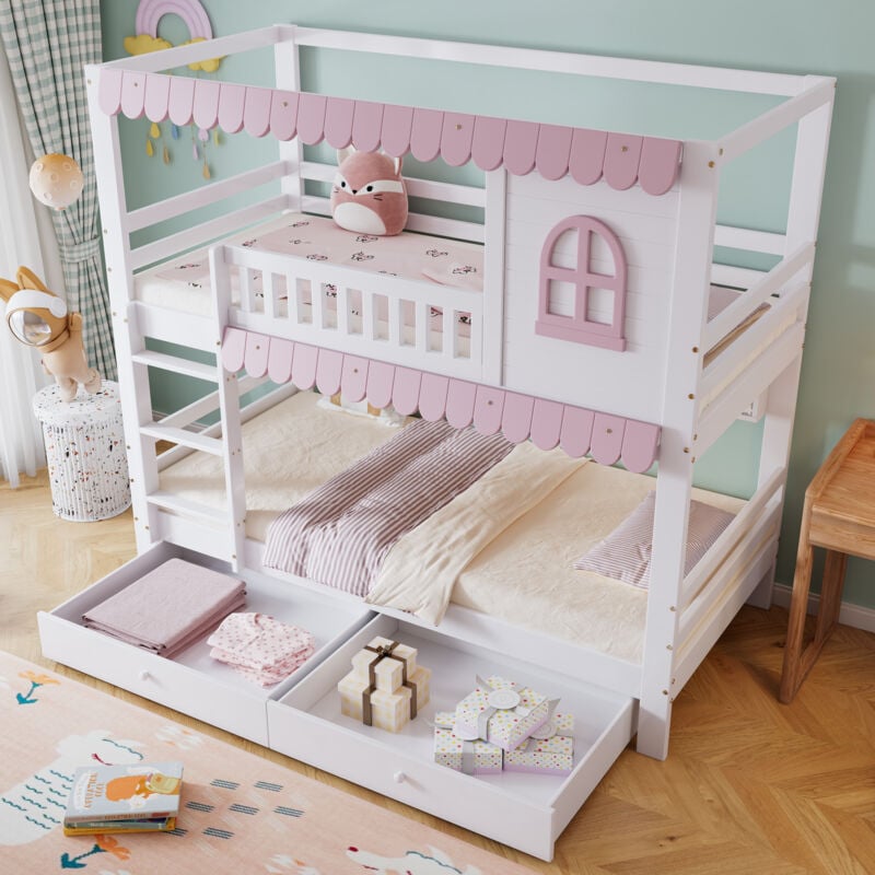foto del prodotto modfu struttura letto a castello 90x200cm letti a casetta per bambini, vano contenitore aperto, 2 cassetti mdf e legno, senza materasso, bianco rosa