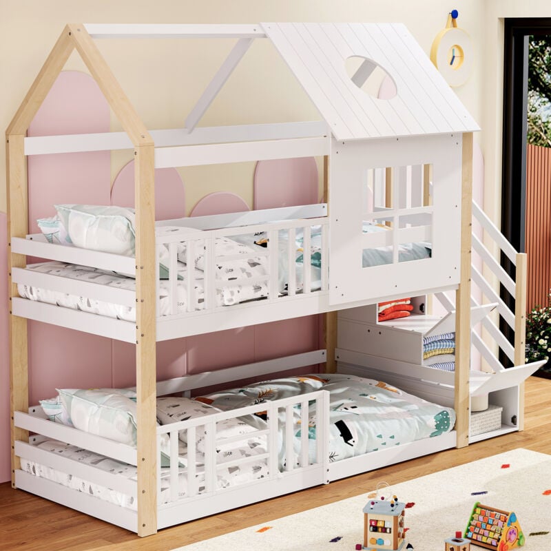 foto del prodotto modfu struttura letto a castello 90x200cm letti a castello matrimoniale per bambini , scale con contenitore, pino e mdf, senza materasso, bianco
