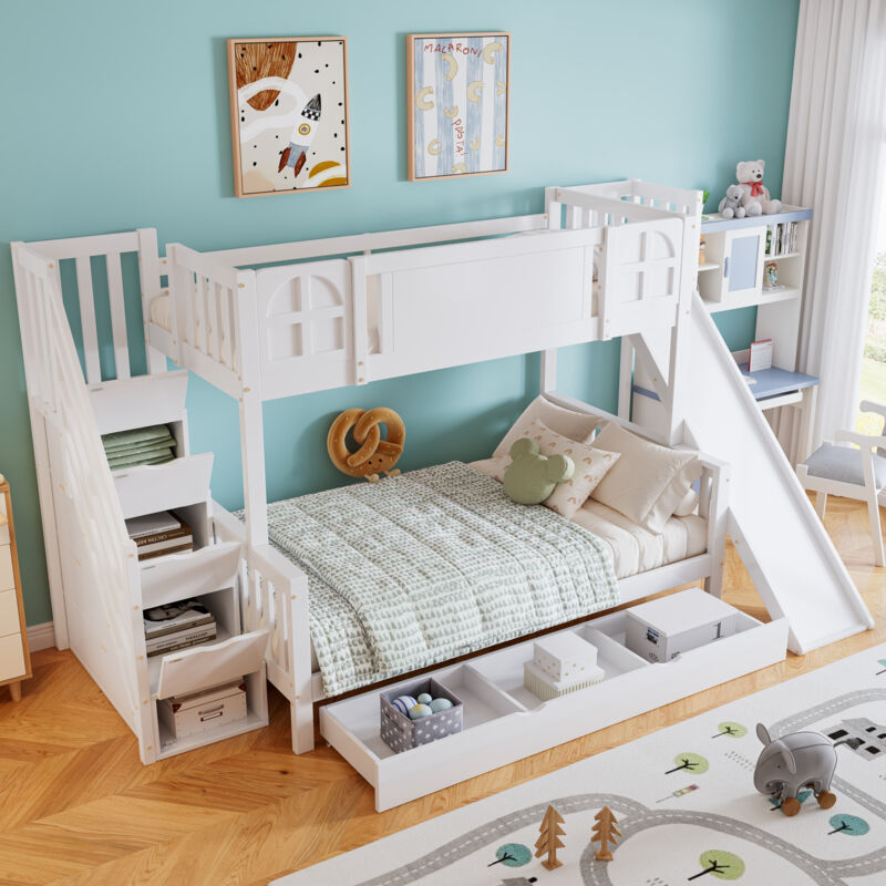 foto del prodotto modfu struttura letto a castello 90x200cm letti matrimoniale per bambini con cassetti e scivolo, scaletta con vano contenitore, pino mdf, senza
