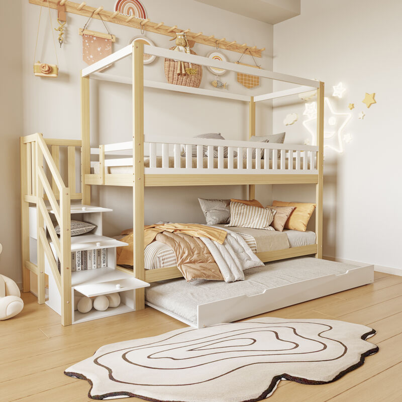 foto del prodotto modfu struttura letto a castello 90x200cm letti matrimoniale per bambini con letto estraibile, scaletta con contenitore, legno, senza materasso,