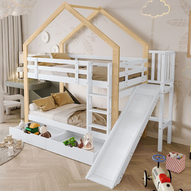 foto del prodotto modfu struttura letto a castello 90x200cm letti matrimoniale per bambini con scivolo, legno e mdf, senza materasso, bianco, 2 cassetti