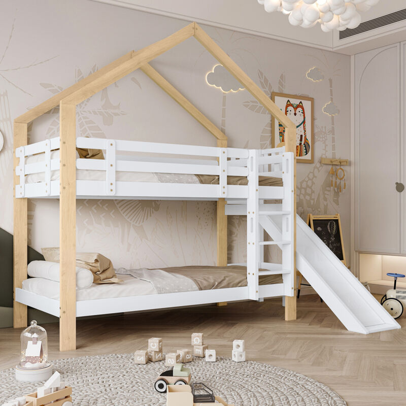 foto del prodotto modfu struttura letto a castello 90x200cm letti matrimoniale per bambini con scivolo, legno e mdf, senza materasso, bianco, senza cassetto