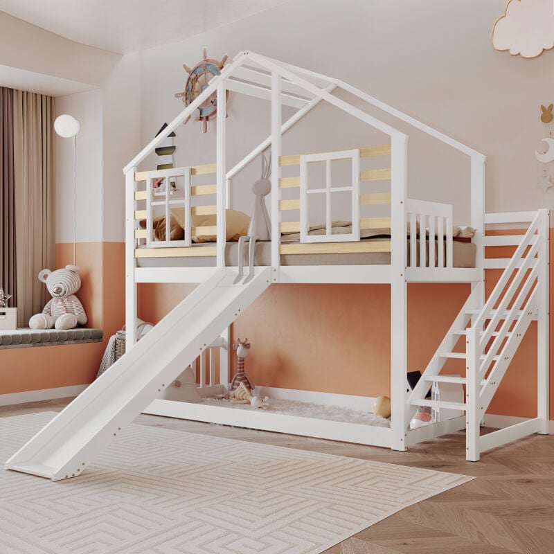 foto del prodotto modfu struttura letto a castello 90x200cm letti matrimoniale per bambini con scivolo, legno mdf, senza materasso, bianco