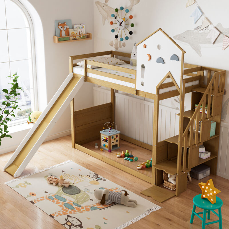 foto del prodotto modfu struttura letto a castello 90x200cm letti matrimoniale per bambini con scivolo, scaletta con spazio contenitore, pino e mdf, senza materasso,