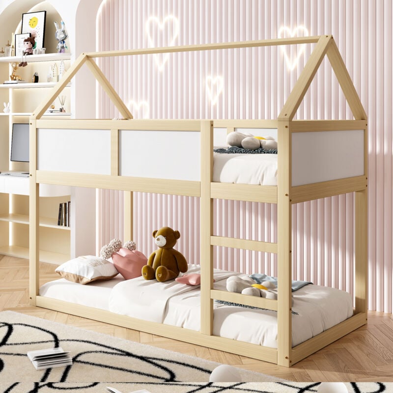 foto del prodotto modfu struttura letto a castello 90x200cm letti per bambini, letti singolo con tetto, legno, senza materasso, bianco e legno naturale