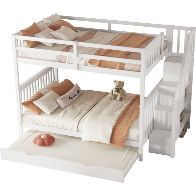 foto del prodotto modfu struttura letto a castello con 4 vani contenitore e 90x190 cm letto estraibile, legno, senza materasso, bianco, letti per bambini 140x200 cm