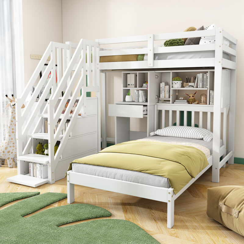 foto del prodotto modfu struttura letto a castello matrimoniale per bambini 90x200cm, con scrivania e ripiano, 1 cassetto, scala con funzione contenitore, pino,