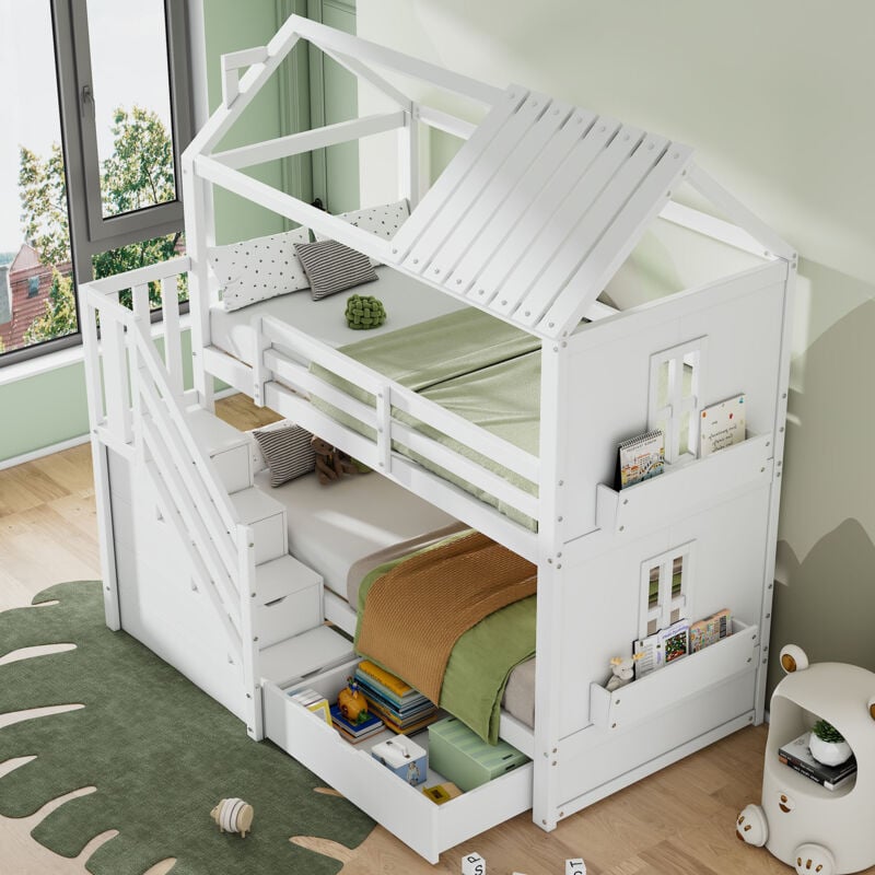 foto del prodotto modfu struttura letto a castello per bambini 90x200 cm con 1 cassetto, scaletta con vano contenitore, vani portaoggetti laterali, legno e mdf,