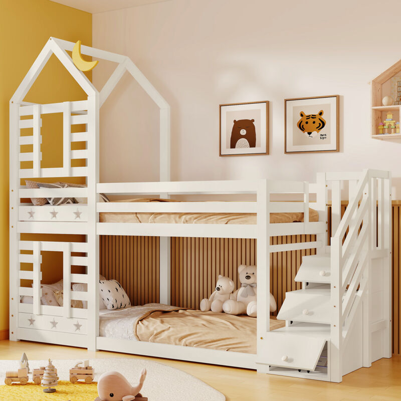 foto del prodotto modfu strutture letto a castello per bambini 90x200cm per letti a soppalco, scaletta con funzione contenitore, rete a doghe, legno, senza