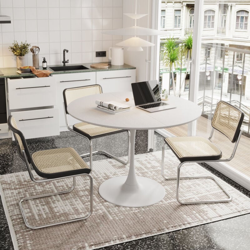 foto del prodotto modfu tavoli da pranzo rotondo 120x120x75cm, piano in 4 pezzi, gambe in metallo, mdf, bianco