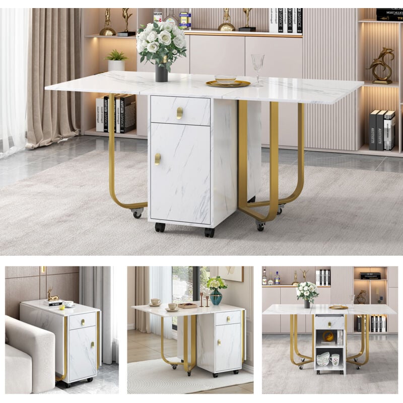 foto del prodotto modfu tavoli sala da pranzo con 1 cassetto e mobiletto portaoggetti, con ruote e 4 gambe di supporto, tavolo pieghevole multifunzionale, piano del