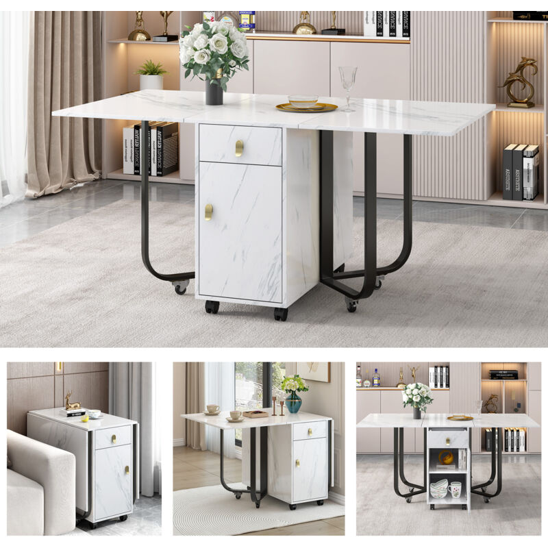 foto del prodotto modfu tavoli sala da pranzo con 1 cassetto e mobiletto portaoggetti, con ruote e 4 gambe di supporto, tavolo pieghevole multifunzionale, piano del