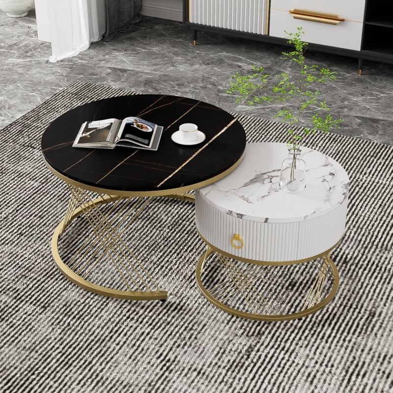 foto del prodotto modfu tavolini bassi a incastro 2 in 1 2pz , tavolino salotto, 1 cassetto, motivo marmo, base oro, mdf, nero