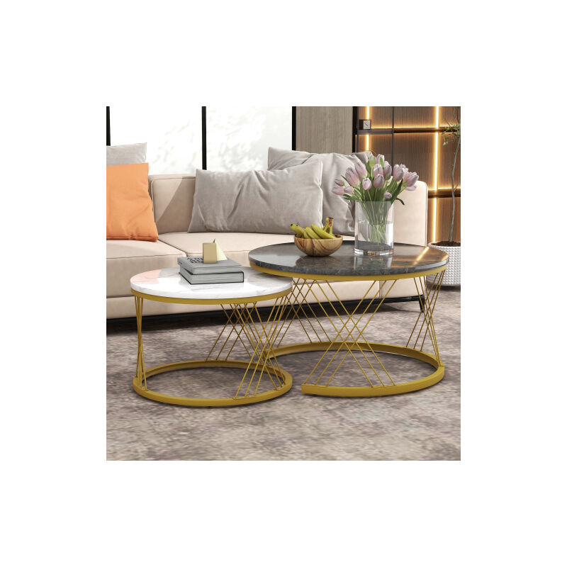 foto del prodotto modfu tavolini bassi a incastro 2pz tavolino salotto, cornice oro, motivo marmo, mdf, grigio scuro bianco
