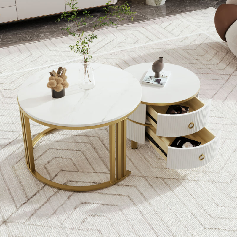 foto del prodotto modfu - tavolini bassi a incastro 70x70x46cm (50x50x40cm) con 2 cassetti, motivo marmo, mdf, bianco + oro