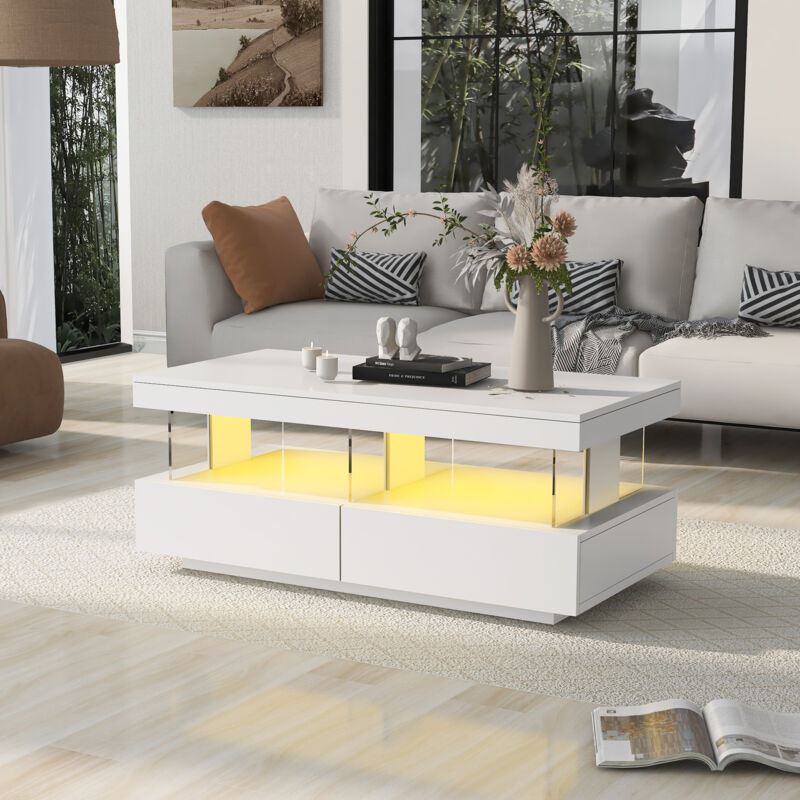 foto del prodotto modfu tavolini bassi fissi 100x60x49,5cm tavolino salotto, 2 cassetti, led, truciolato, bianco