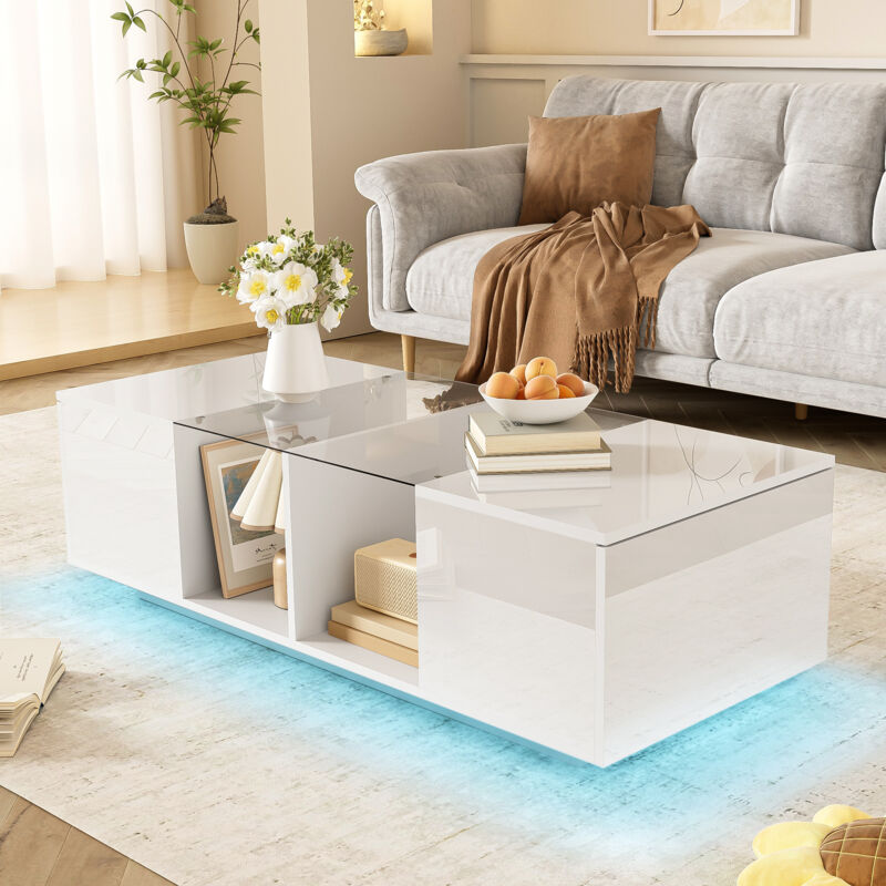 foto del prodotto modfu tavolini bassi fissi 120x50x38.5cm tavolino salotto con 2 ante, piano in vetro, mdf e truciolare, bianco