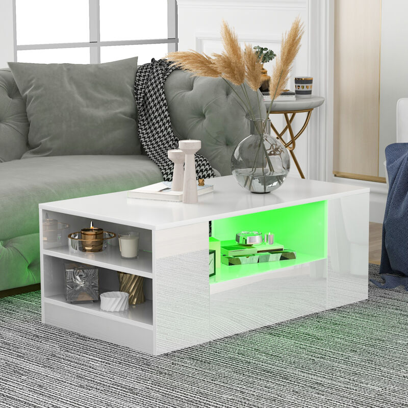 foto del prodotto modfu tavolini bassi fissi 95x53x37cm, tavolino salotto, 2 cassetti, vani a giorno, led, pannello truciolare, bianco