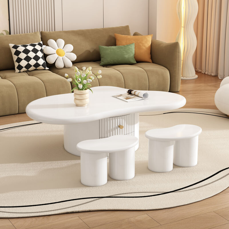 foto del prodotto modfu tavolini bassi fissi 97x67x37cm tavolino salotto con 2 cassetti e 2 sgabelli, set tavolino, forma irregolare, mdf, bianco