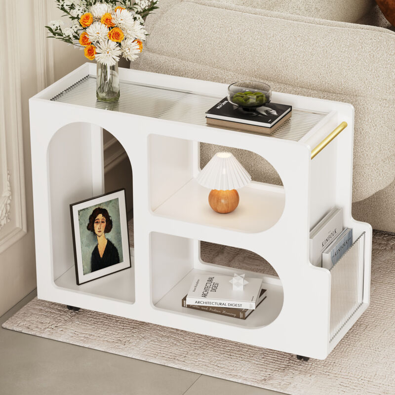 foto del prodotto modfu tavolini da salotto 80x30x58,5cm, tavolini da divano con ruote bloccabili e vetro temperato da 5 mm di spessore, bianco
