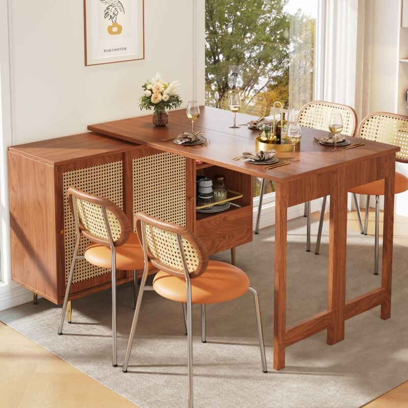 foto del prodotto modfu tavolo da bar rotante a 360 estendibile con porta in rattan e libreria aperta, mdf, marrone