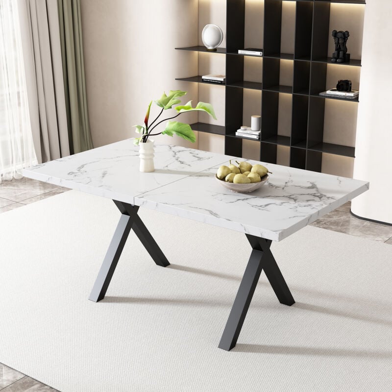 foto del prodotto modfu tavolo da pranzo 140x80x76 cm, tavolino salotto, gambe nere, piano in 2 pezzi, impiallacciatura in marmo, mdf, bianco