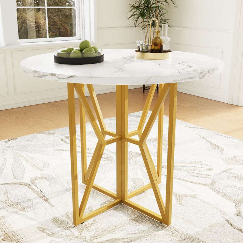 foto del prodotto modfu tavolo da pranzo 80x80x76cm, gambe dorate, motivo marmo, mdf metallo, bianco