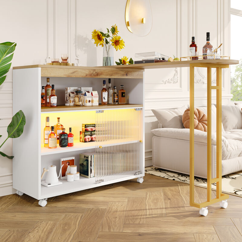 foto del prodotto modfu tavolo da pranzo con barra retrattile, credenza led, con ruote, rotazione 360 , mdf, bianco, 138 193 x39x105cm