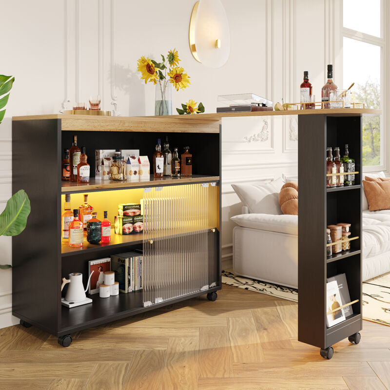 foto del prodotto modfu tavolo da pranzo con barra retrattile, credenza led, con ruote, rotazione 360 , mdf, nero, 138 204 x39x105cm