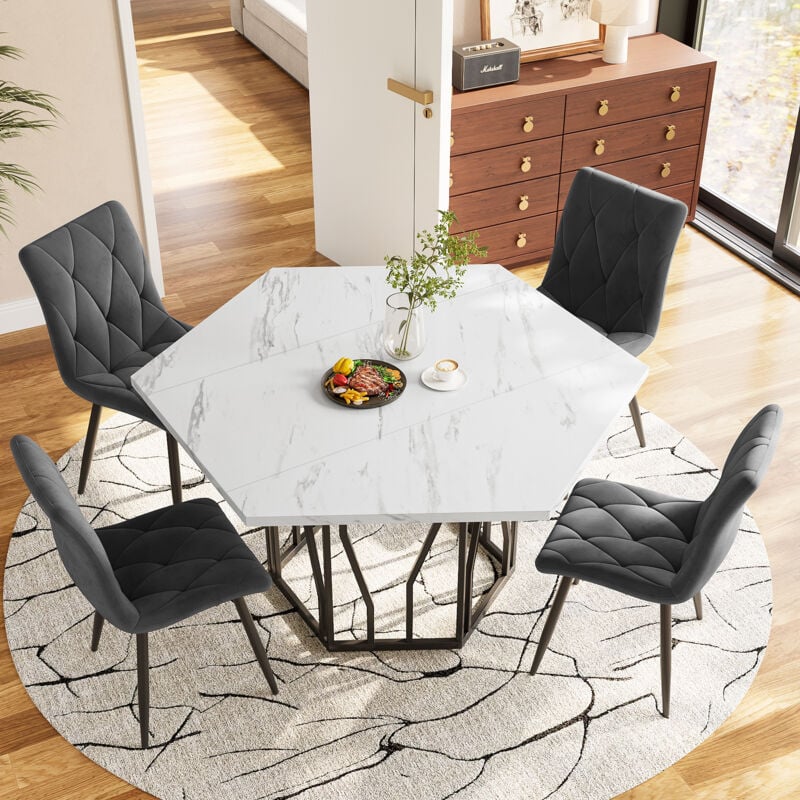 foto del prodotto modfu tavolo da pranzo esagonale 115.5x100x75 cm, piede in metallo nero, carico di 60 kg, mdf e metallo, nero e bianco