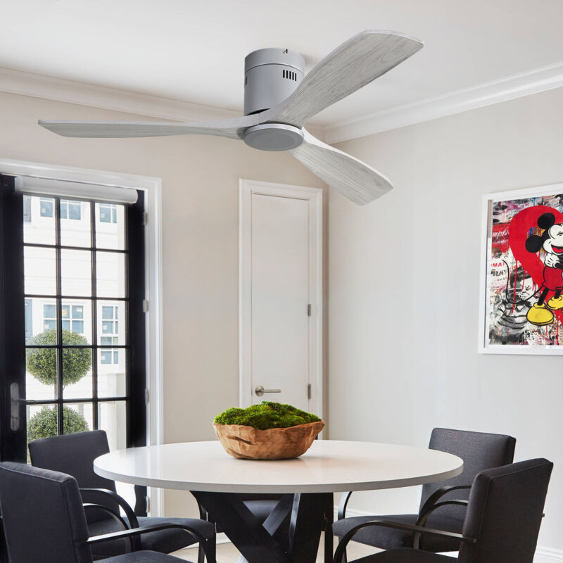 foto del prodotto modfu ventilatore da soffitto 132x132x24,5cm, motore dc, con telecomando, metallo e legno, argento