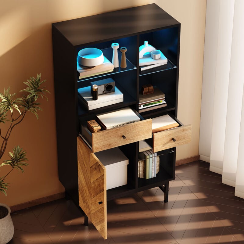 foto del prodotto modfu vetrina 150,58040 cm, mobile da soggiorno con illuminazione led 12 colori, cassetti e scaffali in vetro, nero