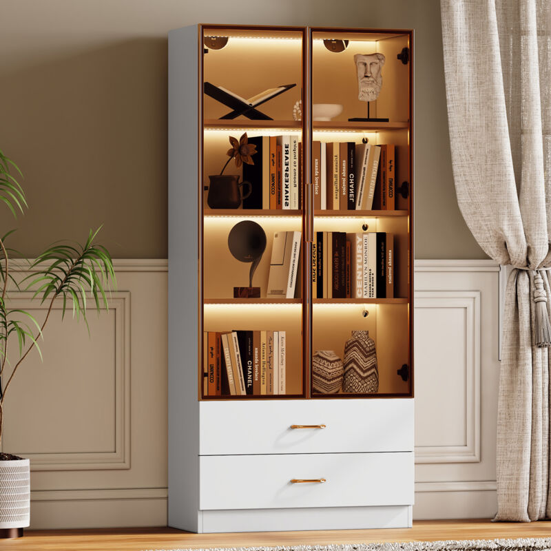 foto del prodotto modfu vetrina 75x34,5x170cm con 2 cassetti 2 ante, mobiletto bagno, cassettiera, led, mdf, bianco