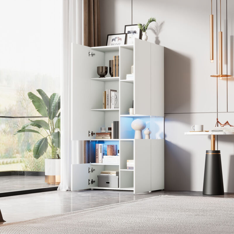 foto del prodotto modfu vetrina 80x38x170cm alta, mobile cucina, ufficio soggiorno cucina, multiuso, led, truciolato, bianco