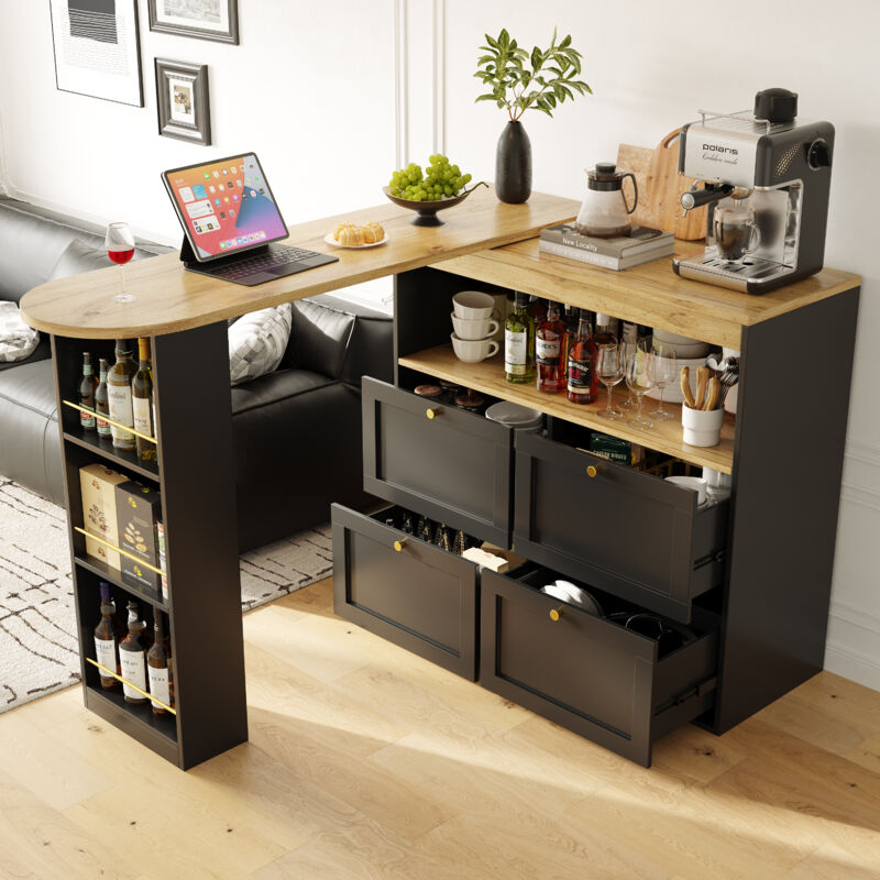 foto del prodotto modfu vetrina con bar a 360 105x39x102 cm, 4 cassetti e scaffale aperto, nero e naturale