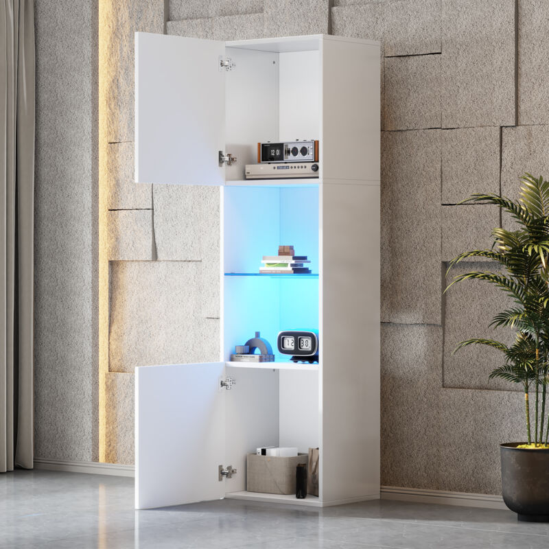foto del prodotto modfu vetrina led 45x35x160cm con 2 ante 1 ripiano in vetro, mobile alto contenitore, pannello truciolare, bianco lucido