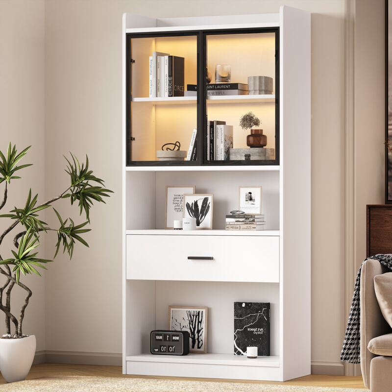 foto del prodotto modfu vetrina led, 80x35,2x153,5cm alta con ante in vetro e 1 cassetto grande, libreria, pannello truciolare, bianco nero 2 pezzi