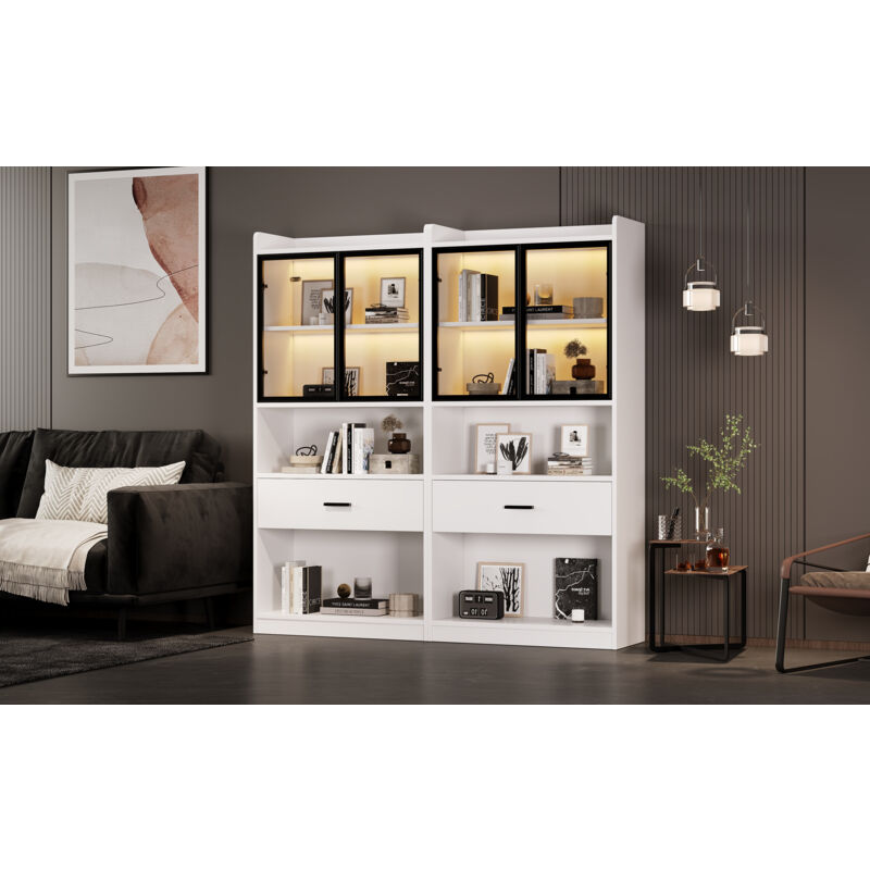 foto del prodotto modfu vetrina led, 80x35,2x153,5cm alta con ante in vetro e 1 cassetto grande, libreria, pannello truciolare, bianco nero