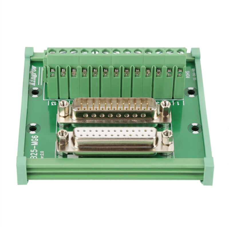 foto del prodotto modulo di interfaccia per montaggio su guida din con morsettiera per scheda breakout maschio e femmina db25 d sub eosnow