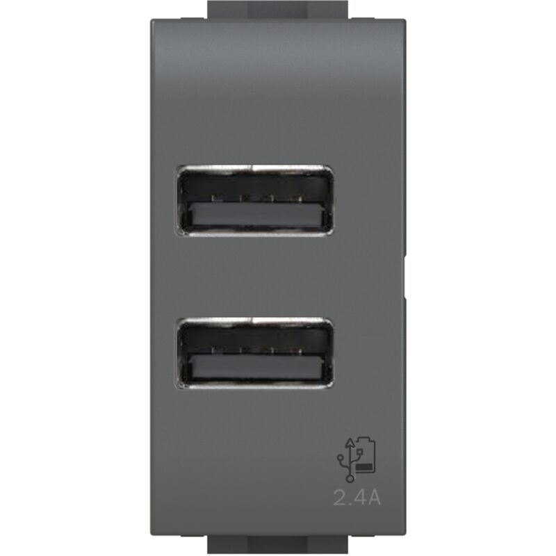 foto del prodotto modulo doppia presa usb 2.0 tipo a, 5vdc 2,4a, serie u, antracite, compatibile con serie bticino living light 4box usb 2.4 4b.l.usb.24